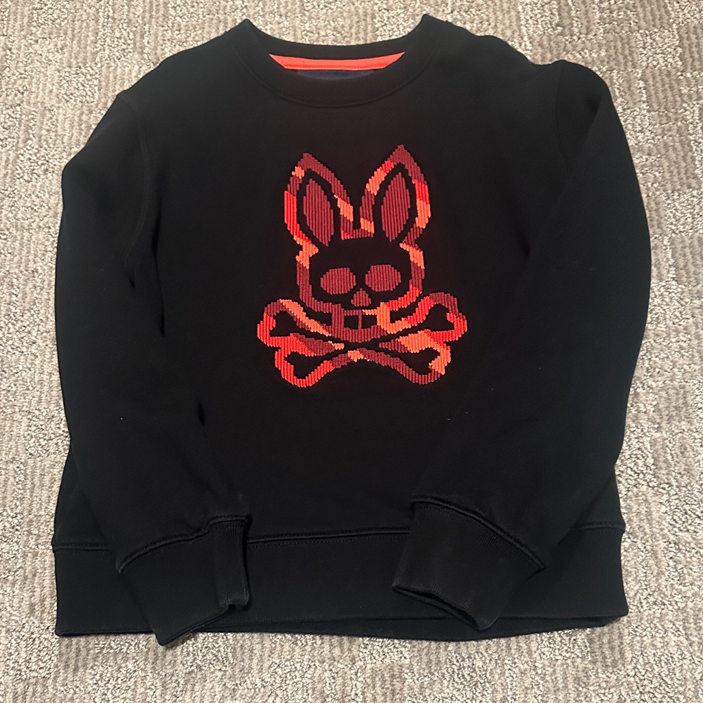 Kids Black Sweatshirt With Red Bunny Skull Graphic, Psycho Bunny 7/8